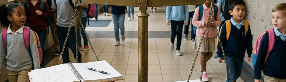 Brass scale balancing stacked textbooks and notebook against tablet devices and coins on wooden table